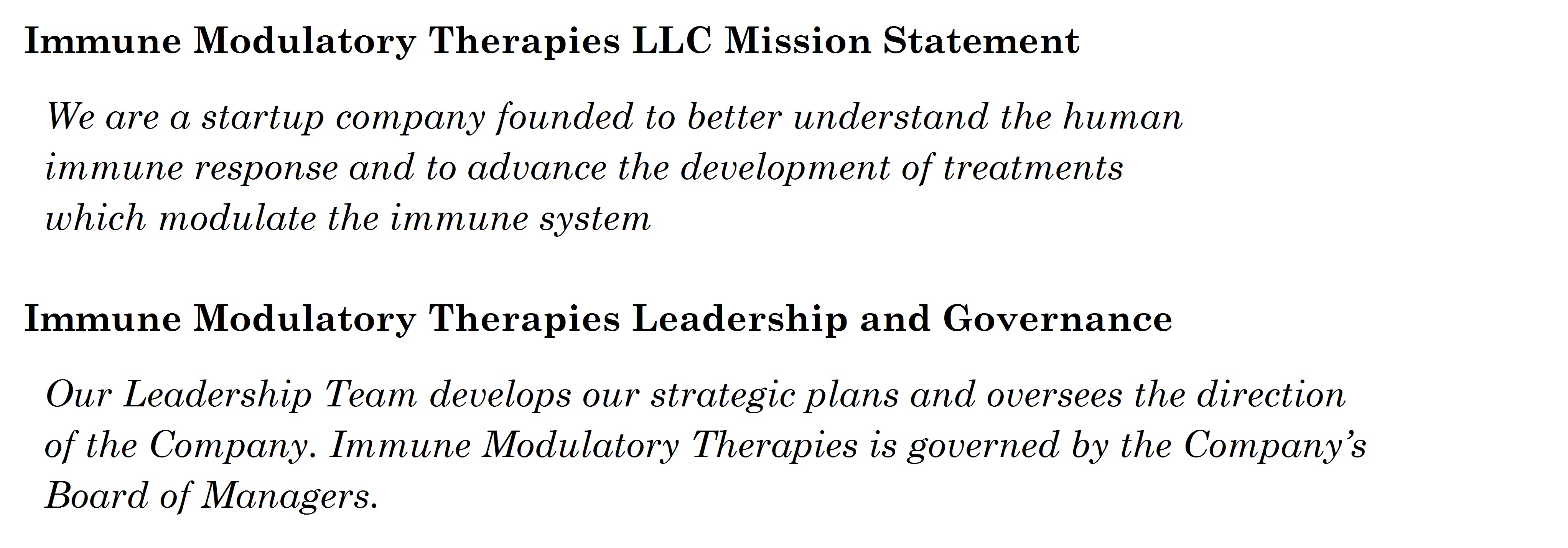 Immune Modulatory Therapies LLC Mission